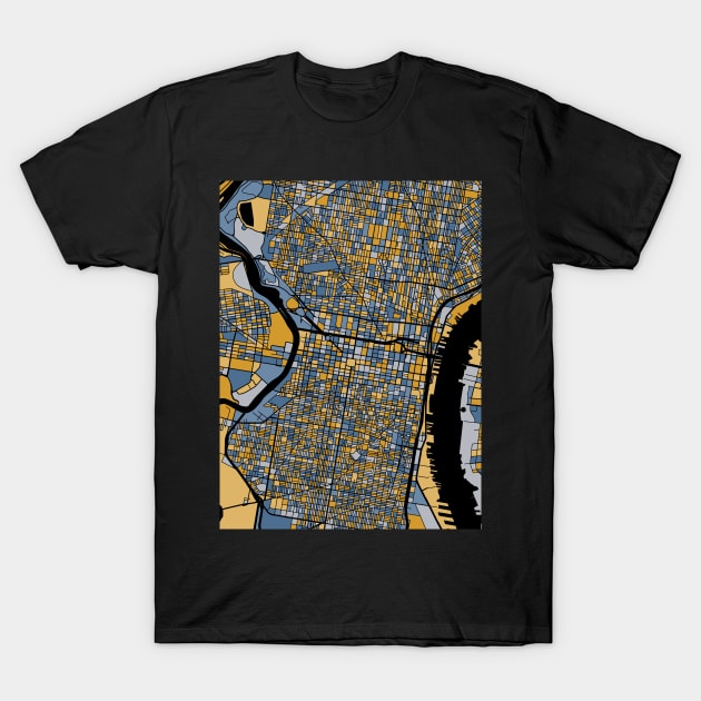 Philadelphia Map Pattern in Blue & Gold T-Shirt by PatternMaps